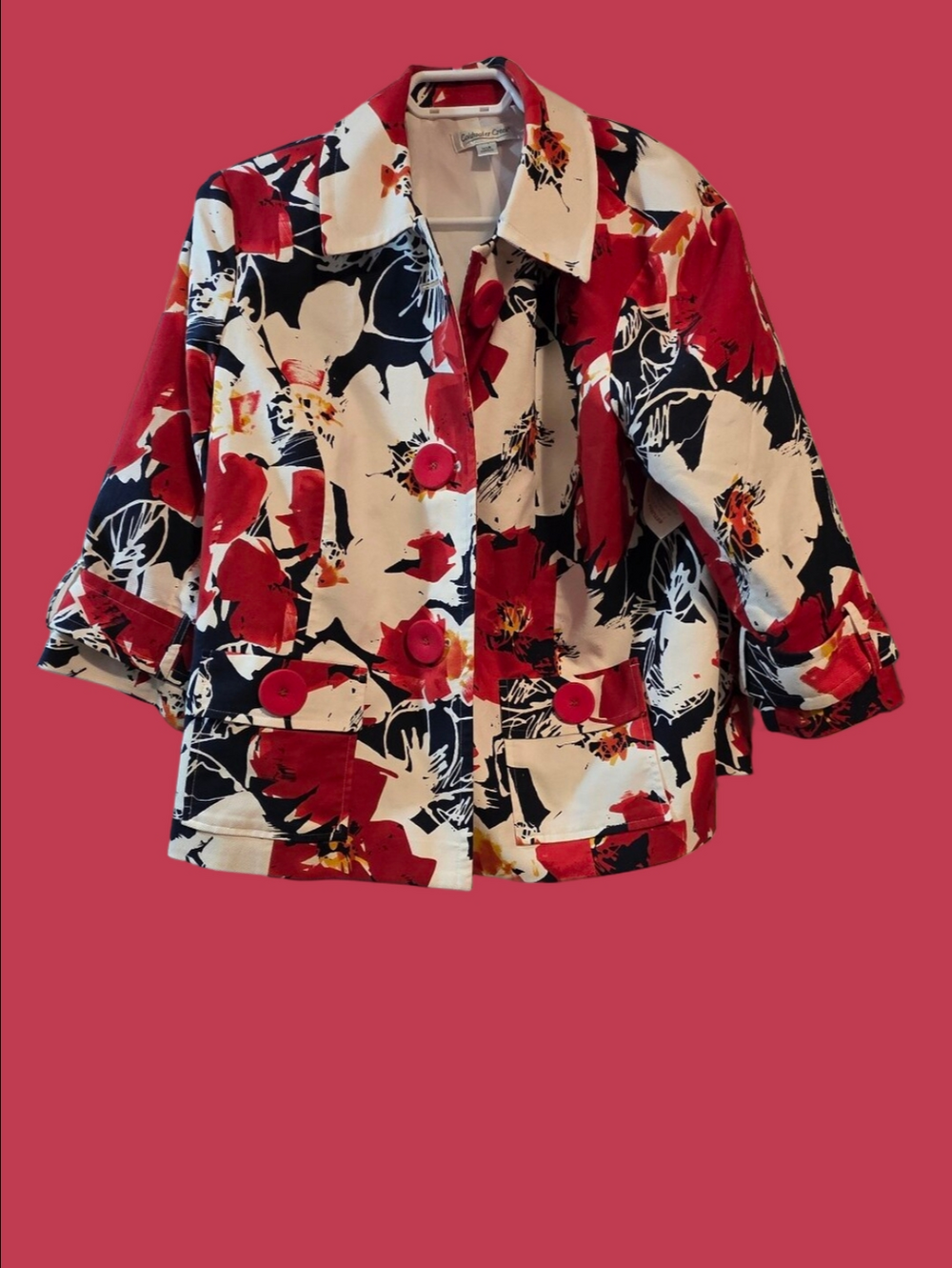 4/$97 Deal! Coldwater Creek Red White Black Floral Button-Front Jacket